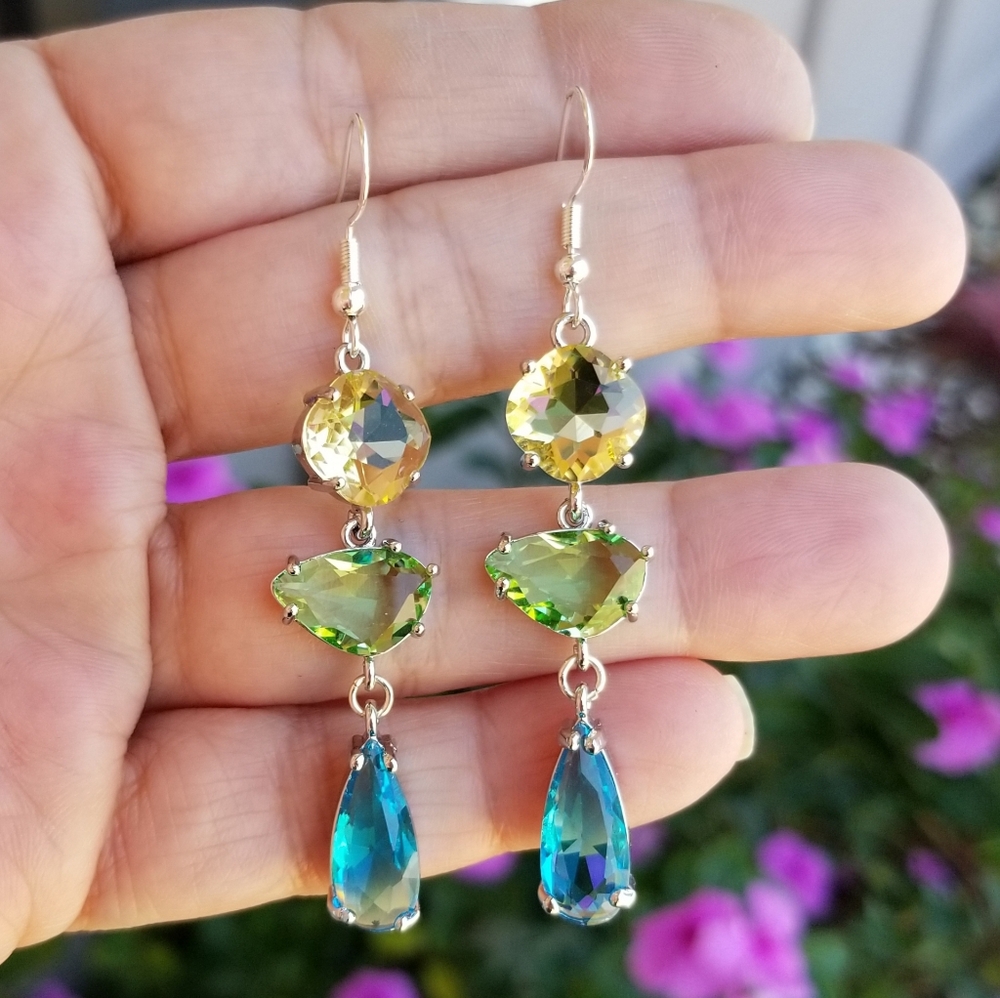 Sterling Silver Blue Topaz Peridot & Citrine Earrings, Mixed Gemstone Earrings